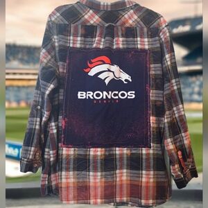 Upcycled DENVER BRONCOS navy Distressed Plaid Flannel Shirt